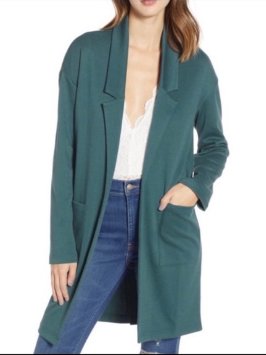 Leith Open Front Long Cardigan Jacket In Teal